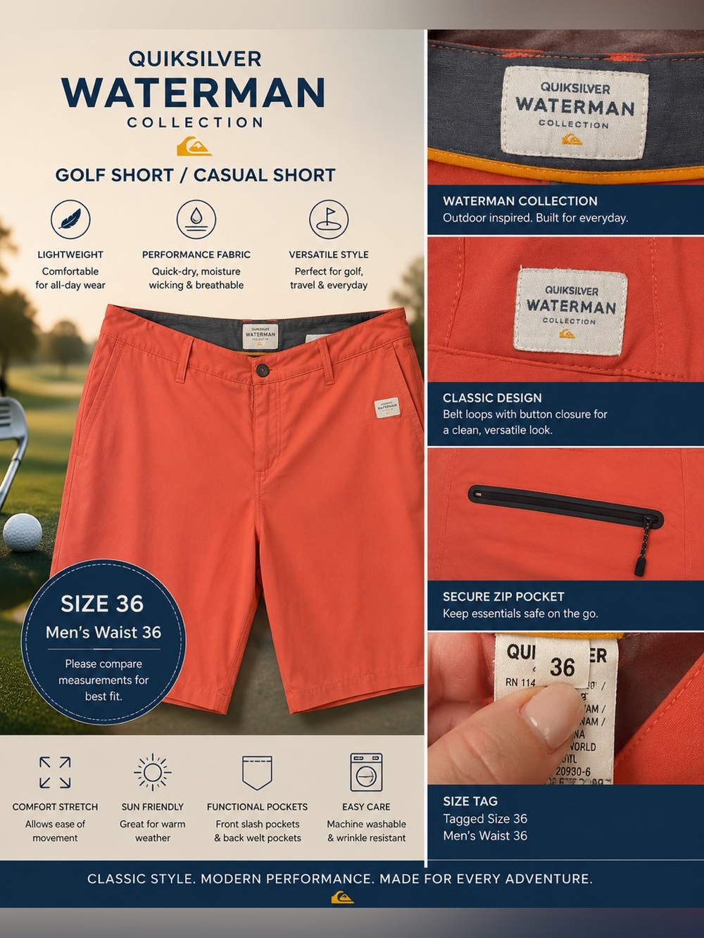Quiksilver Waterman Men's Coral-Orange Performance Golf Shorts